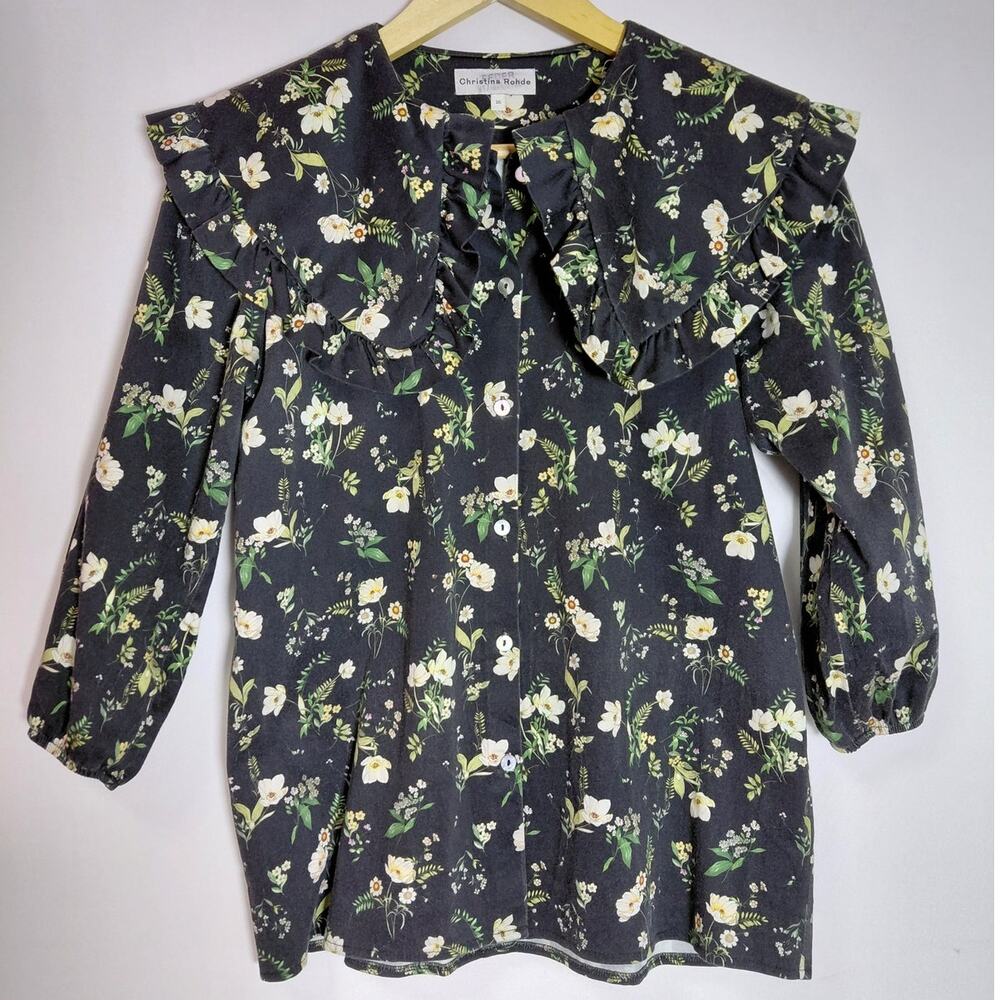 Christina Rohde Floral Ruffle Blouse Black Knit 3/4 Sleeve Women Size 16